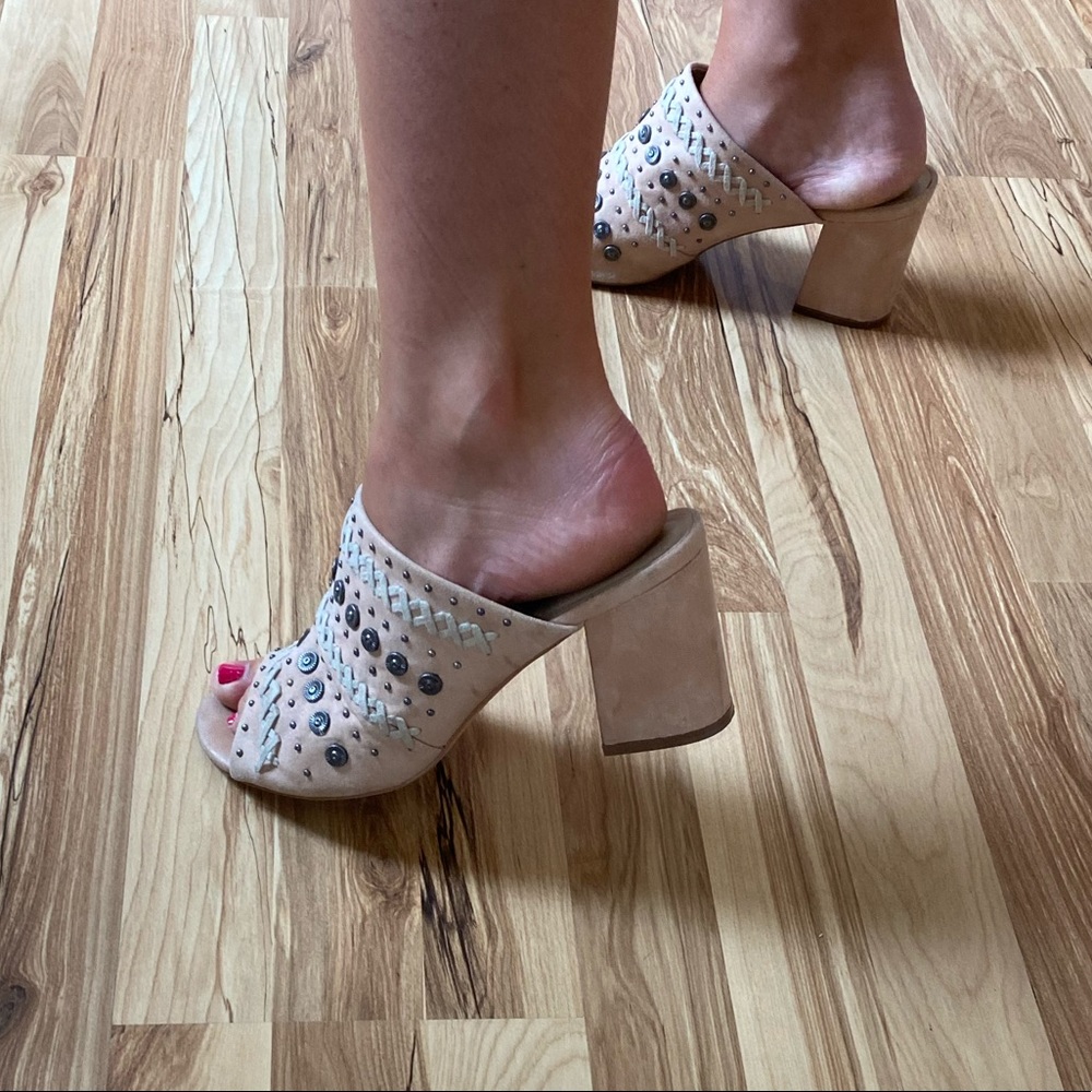 Light pink block heeled mules